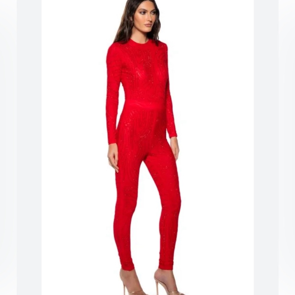 NWT Akira Sasha Embellished Mesh Long Sleeve Bodysuit/Pants Set Size Large